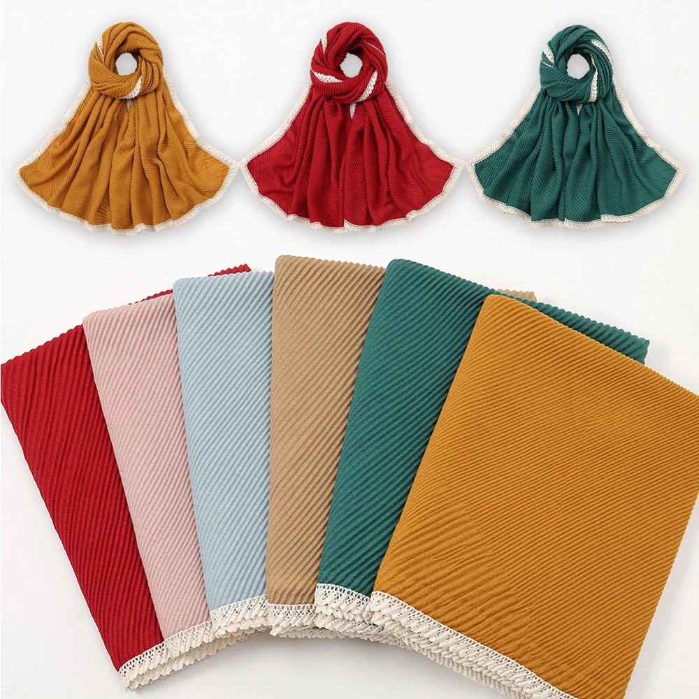 

Muslim Hijab Scarf Solid Color Long Shawls Wraps Crinkle Pleated Cotton Scarf Wrinkle Lace Scarves Islamic Turban Headband Plain