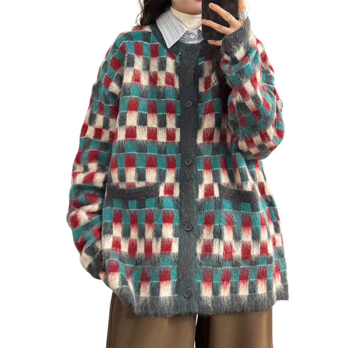 Uatonline2024 Осенне-зимний американский винтажный вязаный кардиган в клетку