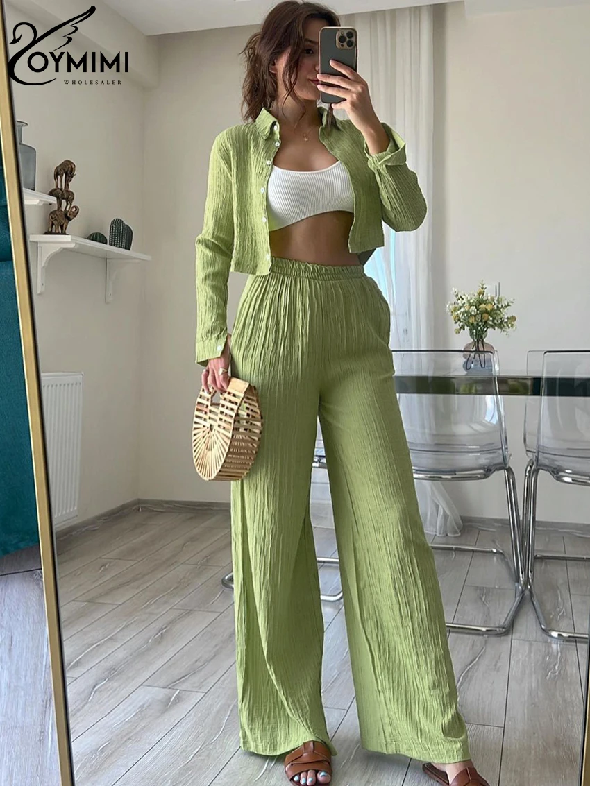 

Oymimi Elegant Loose Green Womens 2 Piece Outfit Set Fashion Long Sleeve Crop Shirt With High Waist Wide Pant Set Streetwear