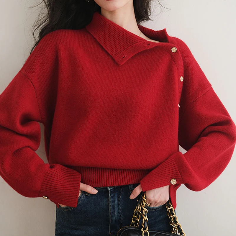 Винтажная водолазка GIDYQ красный яркий свитер женские элегантные шикарные