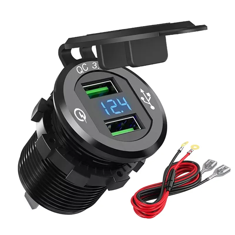

Dual USB Fast Charger Aluminum Socket Power Outlet Waterproof with LED Digital Voltmeter for Marine Boat Motorcycle Truck