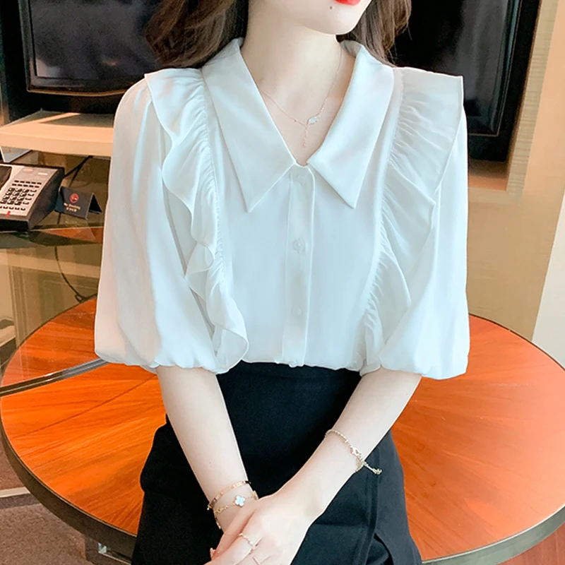 

Модная одежда, Корейская Однотонная рубашка с пышными короткими рукавами, милая шифоновая блузка с оборками, женские офисные топы белого цв...