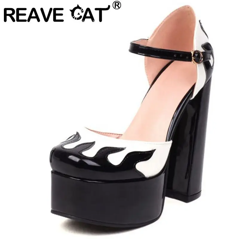 

REAVE CAT Women's Pumps Platform High Block Heels Ankle Buckle Strap Plus Size 35-41 Mix-Color Black Green Fashion Summer S3630