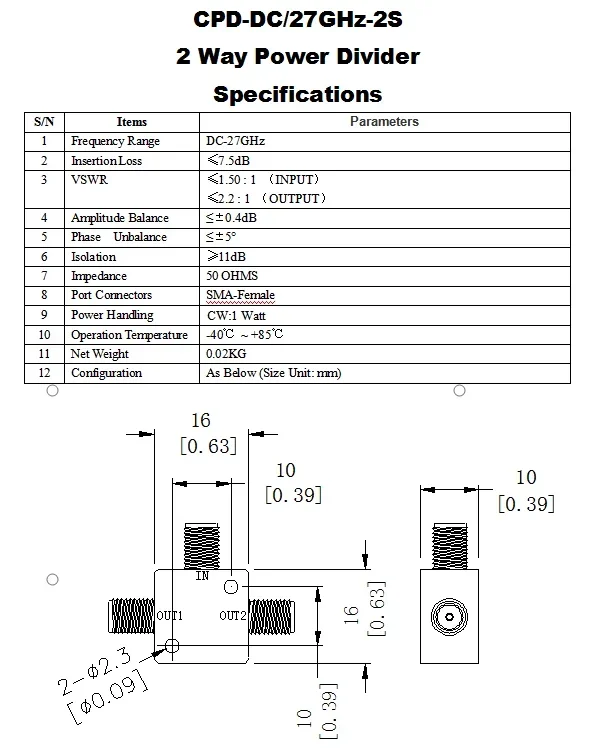 2-полосный разветвитель мощности постоянного тока-27000 МГц резистивный делитель