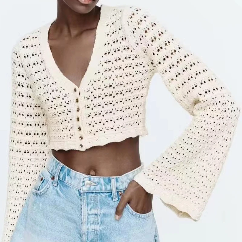 

Женский ажурный вязаный кардиган Za, повседневный укороченный свитер с V-образным вырезом, длинным рукавом и высокой талией для отдыха и улиц...
