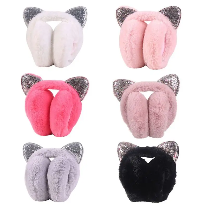 

Women Girls Hamburger Shape Foldable Earmuffs Faux Fur Candy Color Glitter Drop Shipping