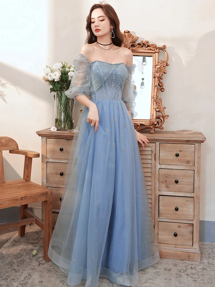 Elegant Blue Square Collar Sequins Applique Back Bandage Women Evening Dresse A-Line Tulle Prom Party Gown Vestidos De Fiesta