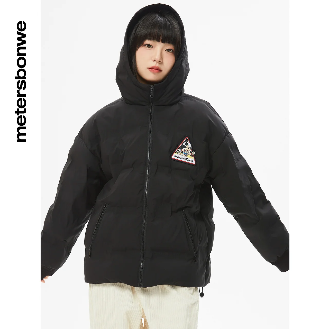 Women's Cartoon Printed Direct Filling Fabric Down Jacket Stand Collar Hooded Short Winter Warm Wear Loose Youth Fashion Outwear