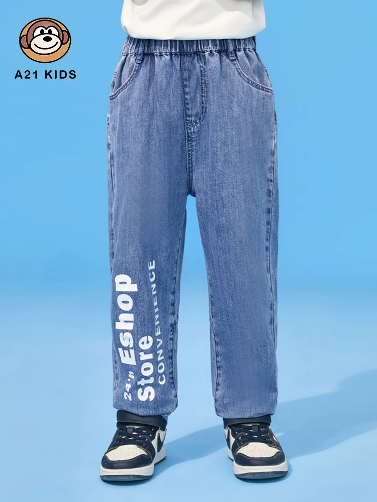 

A21 Boys' Casual Jeans 2022 Summer New Pure Cotton Retro Loose Wide-leg Elastic Waist Letter Printing Children's Denim Trousers