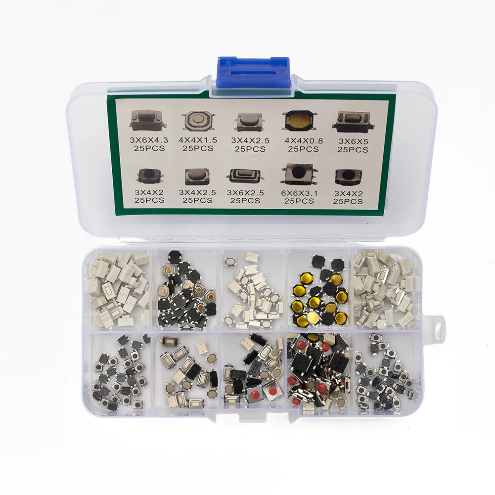 

10 Value Tactile Push Button Switch 250Pcs Set Micro Momentary Tact Micro Switch Remote Control Push Button Switches
