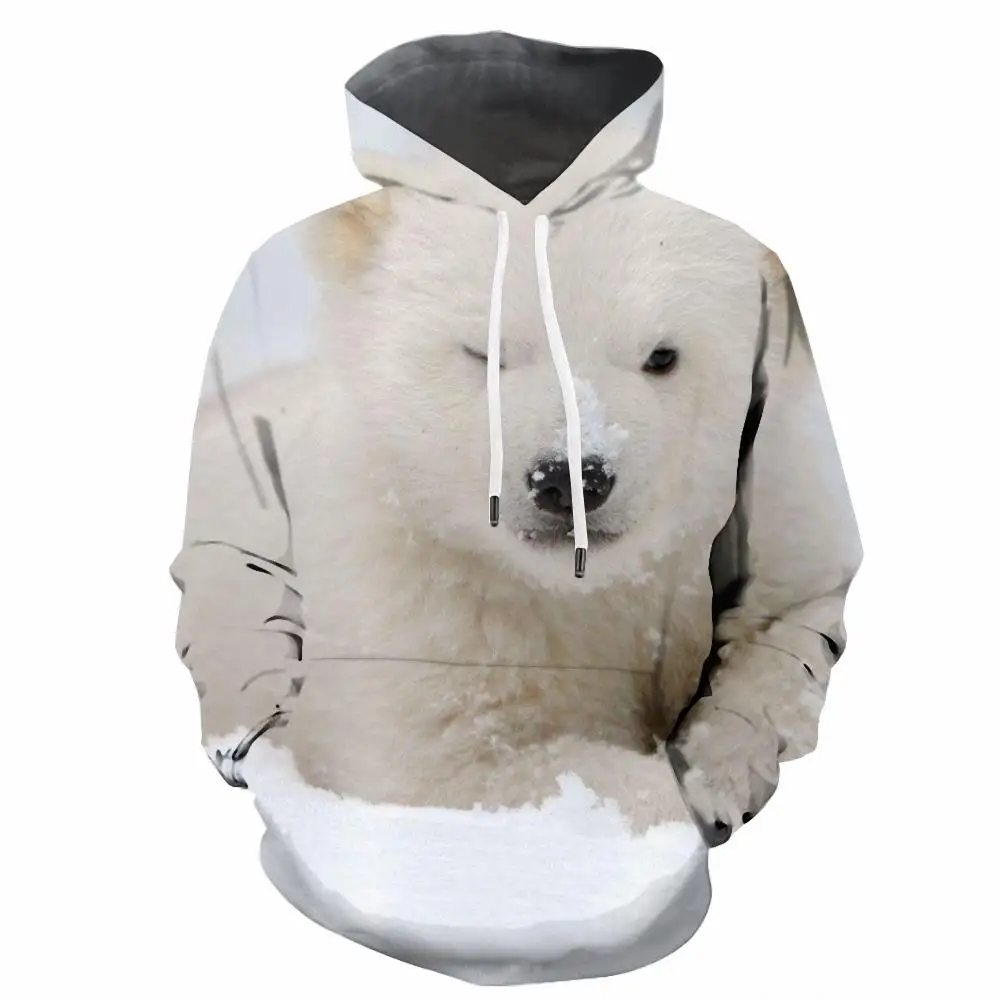 Толстовка мужская с 3D-принтом Белый медведь и длинным рукавом |