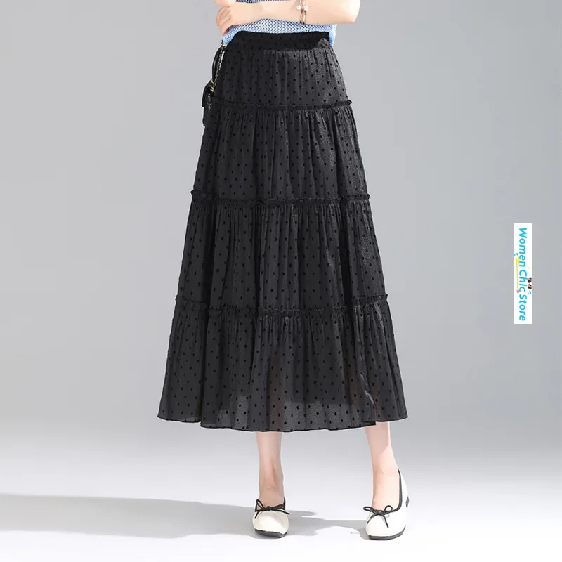 Женская длинная юбка в горошек повседневная черная свободная трапециевидная с