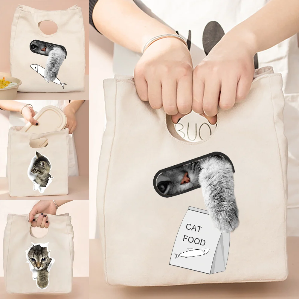 

Термальная обеденная сумка-Органайзер, Холщовый детский школьный Ланч-бокс с принтом кошки, дорожный контейнер для завтрака, Изолированные...