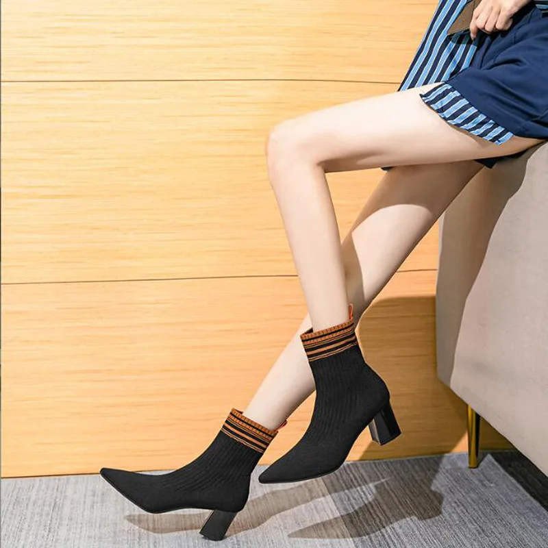 GCYCG Brand Sexy Knitting Stretch Sock Boots 7CM High Heels For Women Fashion 2023 Spring Autumn Ankle Boots Female Size 35~40