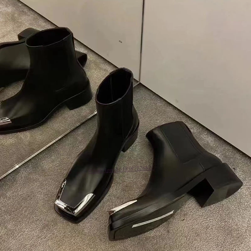 Square Toe Metal Toe Thick Heel Chelsea Boots 2022 Autumn and Winter New Niche Design Short Boots