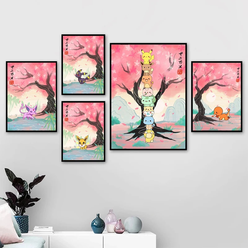 

Покемон Тип Encylopedia стиль Акварельная Печать на холсте картина Пикачу настенные художественные плакаты роспись для гостиной домашний декор ...