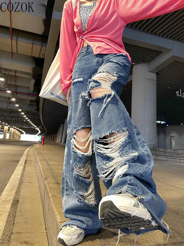 Large Size Ripped Jeans Women's Summer Fried Street High Waist Loose Straight Mop Wide Leg Trousers Ripped Jeans for Women