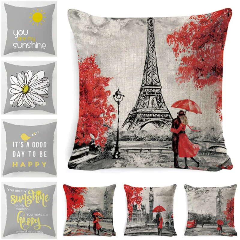 

Sunflower Sunshine Yellow Designer Pillow Case Paris Eiffel Tower Romantic Love Gift Pillowcase 45X45 50X50 Linen Couple Cushion