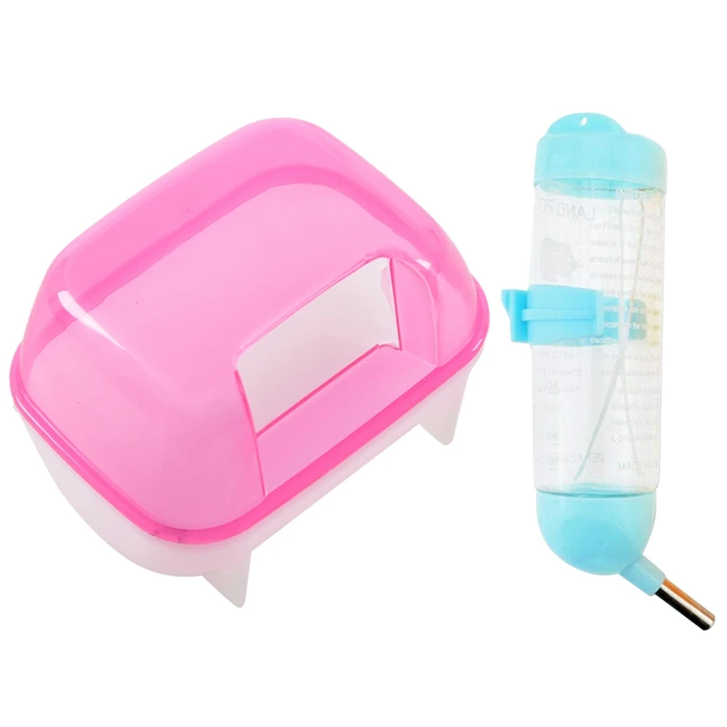 1Pcs Pink White Small Hamsters Bathing Sand Cage Pet Bathroom 10 X 7 X 7Cm & 1Pcs Pet Dog Water Dispenser, Hanging Automatic Wat