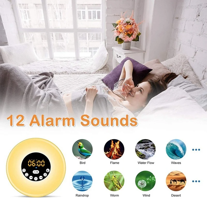 Светильник для пробуждения прикроватный ночник с будильником и часами