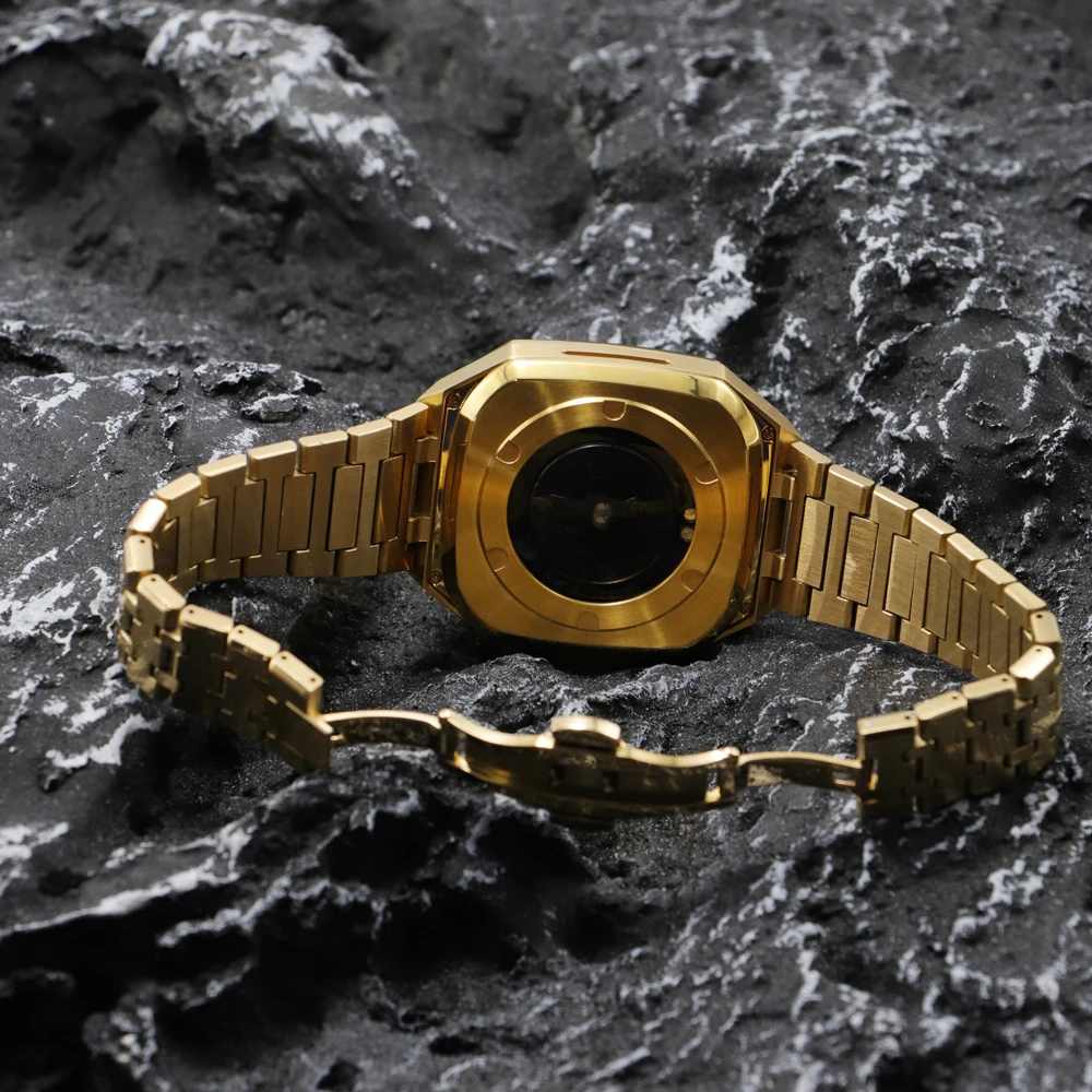 Luxury Metal Modification Kit For Apple Watch 8 7 6 5 4 SE Stainless Steel Band For Iwatch Series 44mm 45mm Rubber Sports Strap