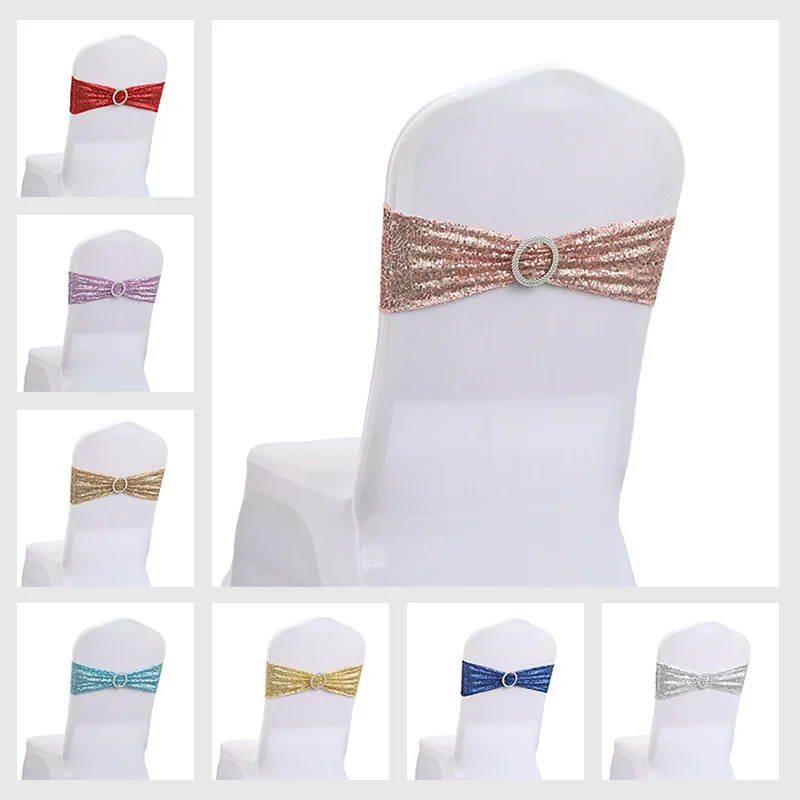 

10 50pcs Sequin Chair Sashes For Party Dinner Banquet Chair Covers Decoration Stretch Chair Bow Chair Back Flower Chair Bands