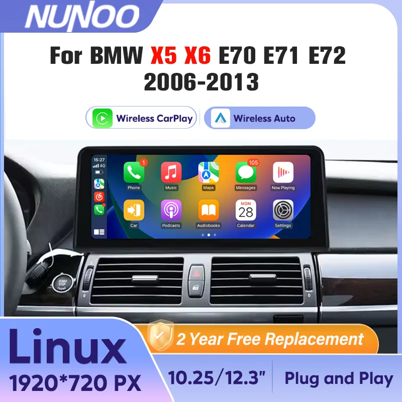 Фото Беспроводной экран с поддержкой CarPlay и Android Auto для BMW X5 E70, X6 E71, E72 2006-2013, автомобильная мультимедийная система, радио, мультимедийный плеер, авторадио на базе Linux. №1
