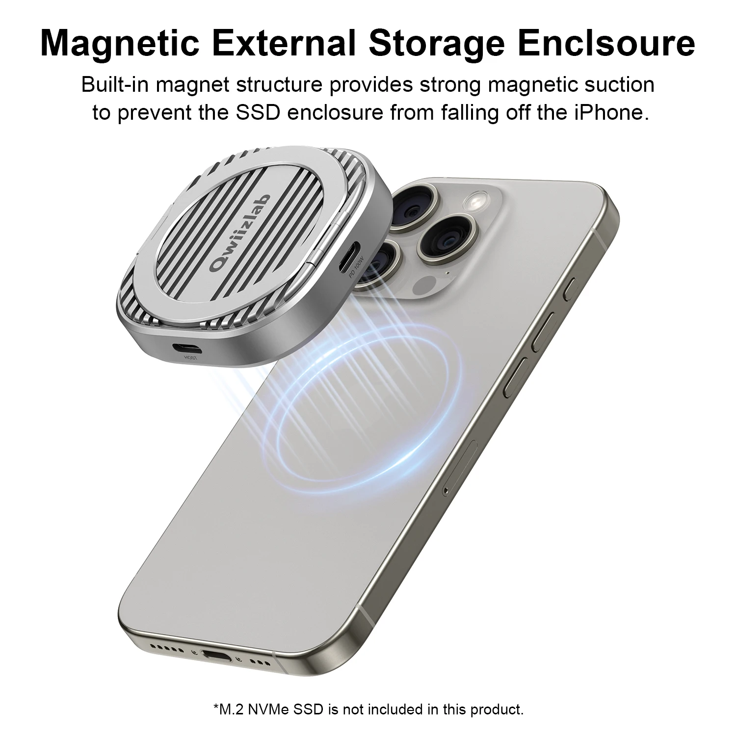 Фото Qwiizlab Magnetic M.2 2230 NVMe SSD Enclosure with Kickstand and Magsafe for iPhone 16 15 Pro Max ProRes, 10Gbps USB 3.2 Type-C №2