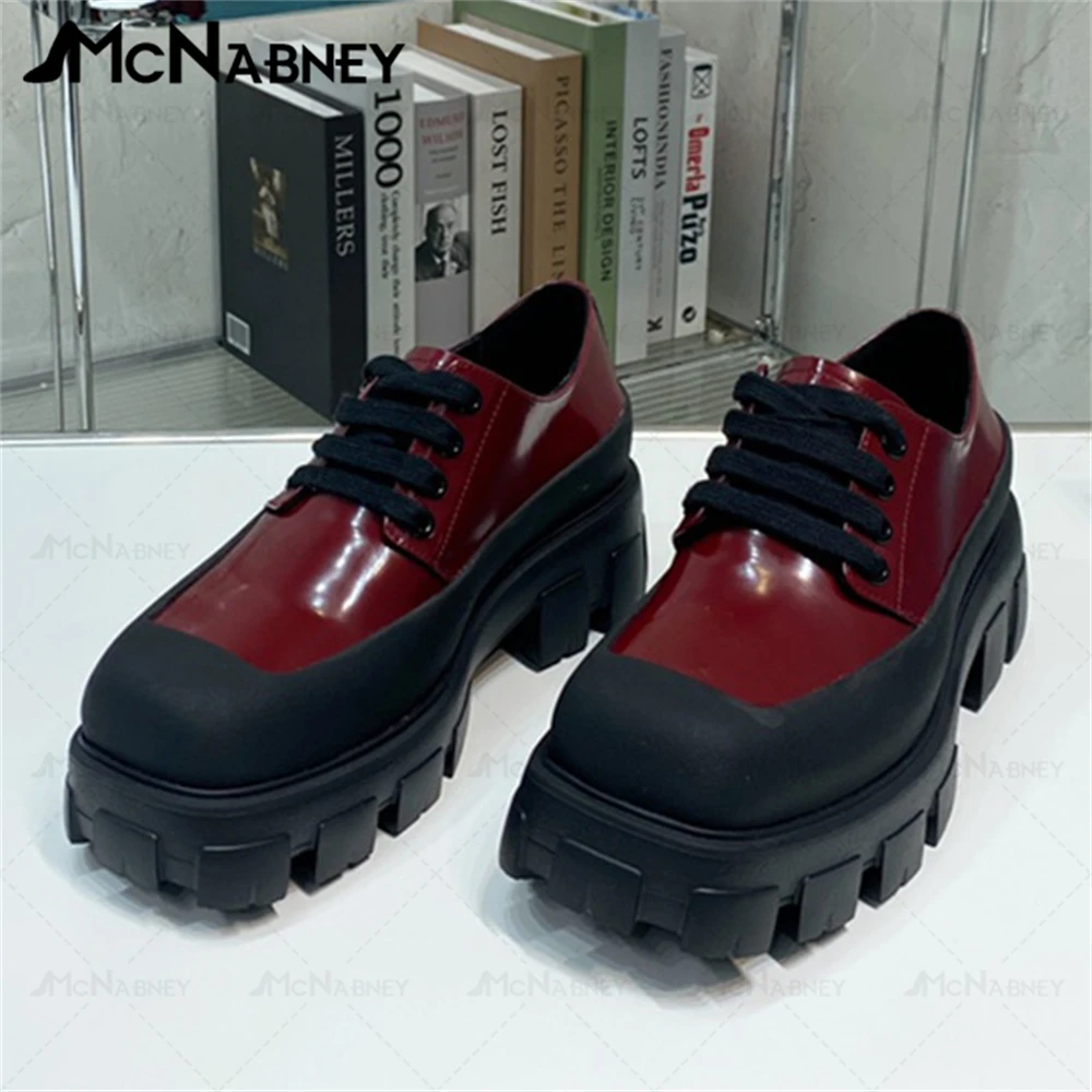 

Platform Shoes Fashion Classic Women's Boots British Style Leather Shoes Lace-Up Round Toe Genuine Leather Suede Stitching Shoes