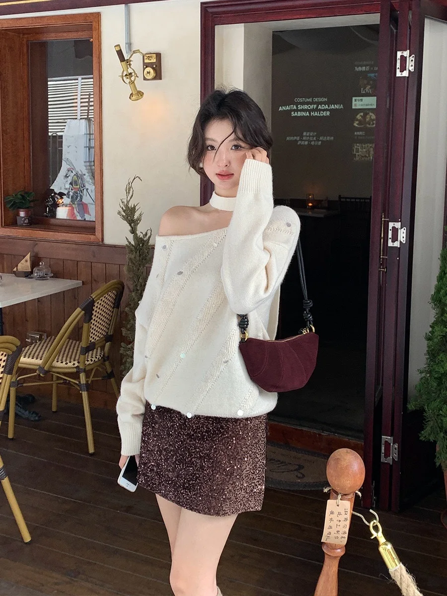 Se Gentle Sun Xiuxi Рождественская одежда свитер с открытым вырезом и лентой женский