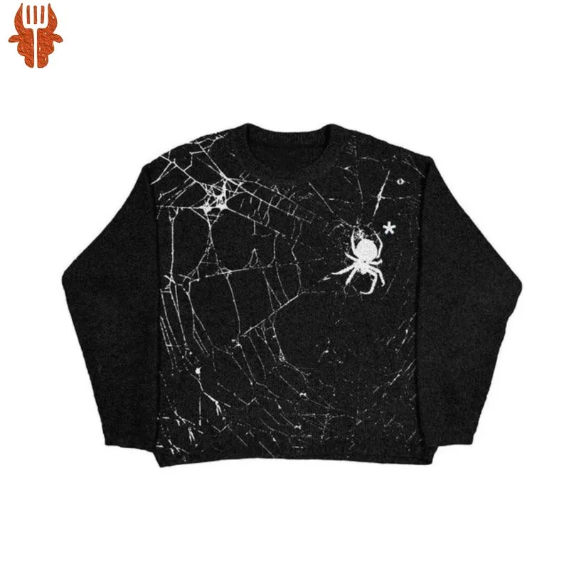 

2023 Goth Harajuku Spider Web Print Pattern Long Sleeve Knit Men Pullover Autumn Winter Streetwear Casual Grunge Women Sweater