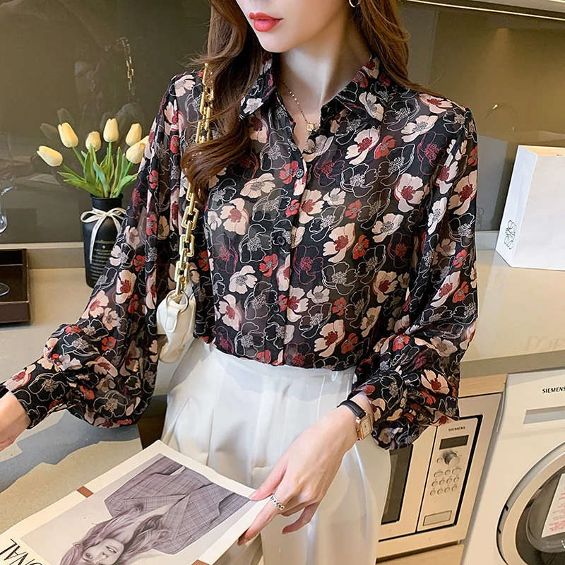 

Women's Vintage Balloon-Sleeve Flower Shirts Spring Summer Thin Sheer Chiffon Blouse Korean Fashion Casual Loose Retro Top