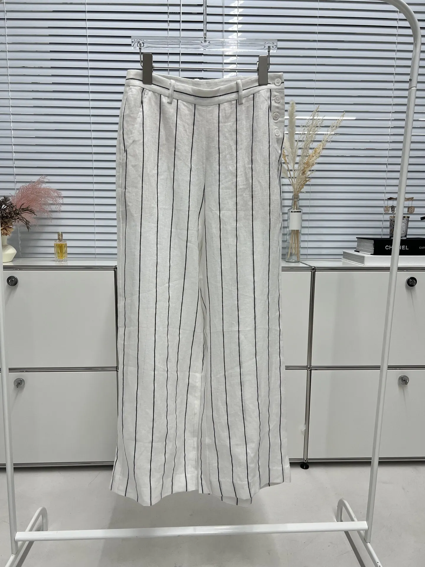 2023 new women fashion loose casual linen striped lazy wind trousers versatile straight casual trousers wide leg trousers 0629