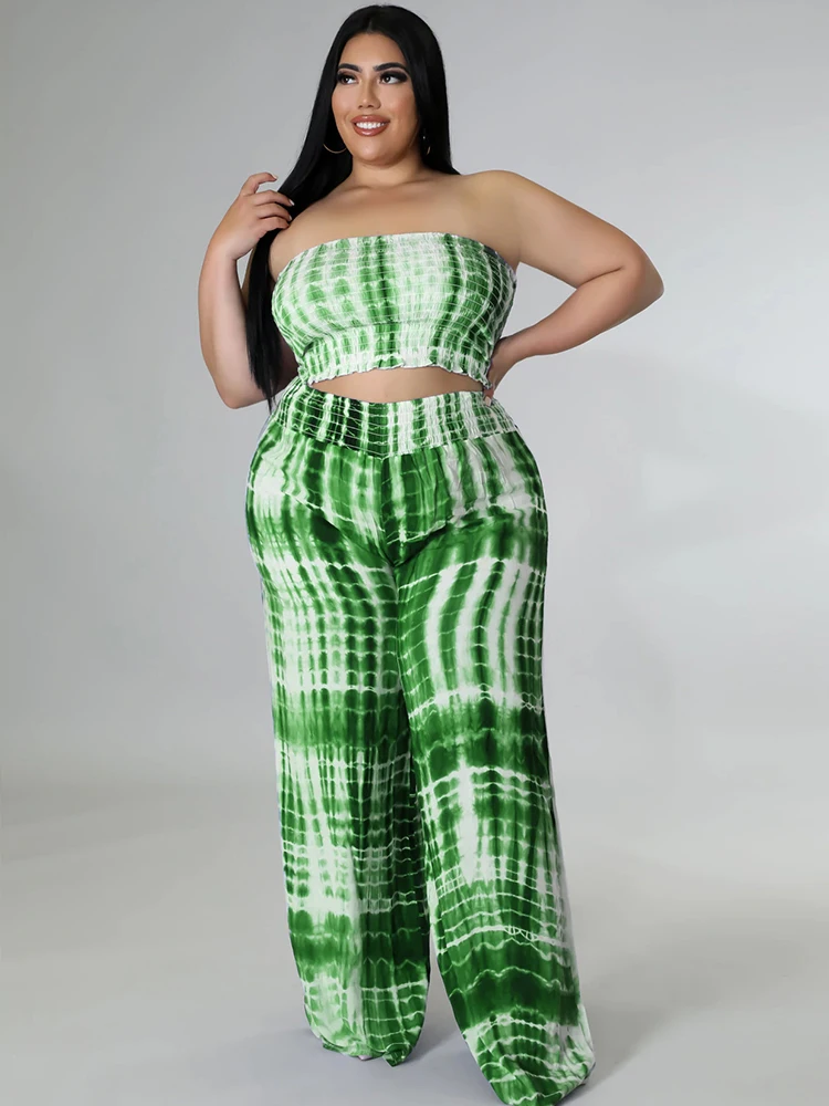 

ZJFZML ZZ Plus Size XL-5XL Two Piece Set Women Sweatsuit Harajuku Tie Dye Ruched Crop Top + Straight Pant Wholesale Dropshipping