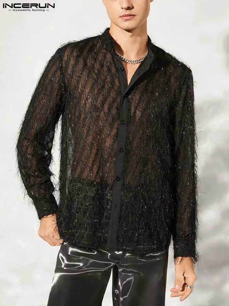 

INCERUN 2022 Men Shirt Mesh Transparent Lapel Long Sleeve Jacquard Fashion Men Shirts Sexy Streetwear Party Nightclub Camisa 5XL