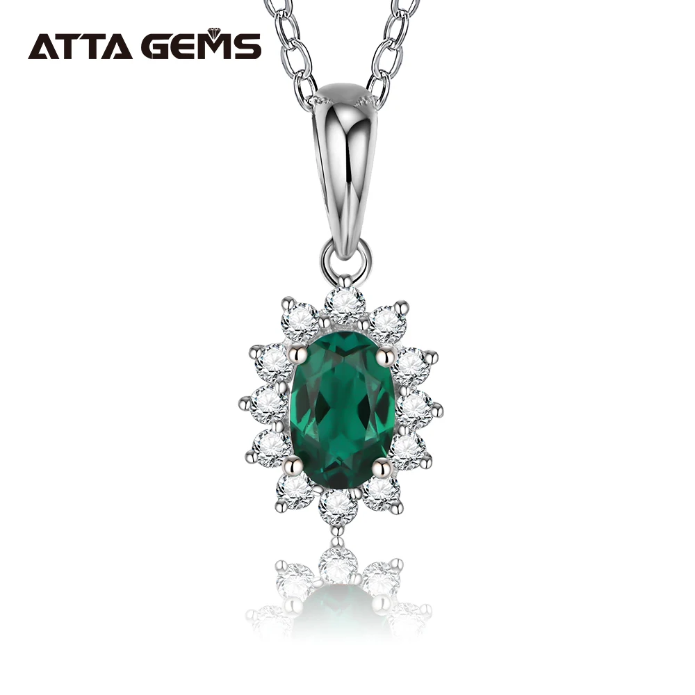

ATTAGEMS Vintage 100% 925 Sterling Silver Oval Cut Created Moissanite Emerald Gemstone Party Pendant Necklace Fine Jewelry