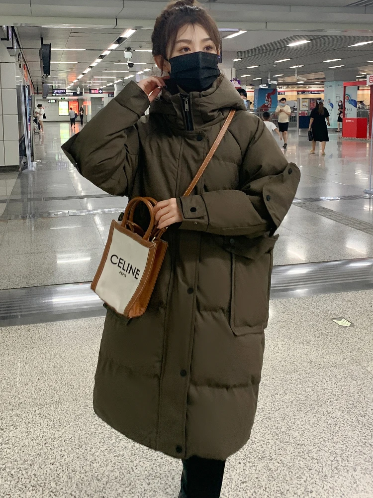 2022 Women Winter Long Warm Parka Hooded Oversize Korean Style Loose Female Coat Solid Black Coffee White Fashion