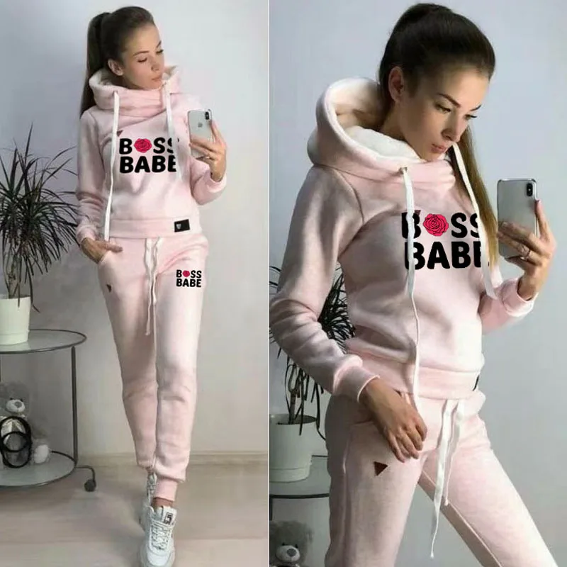 Fashion Womens Clothing Outdoor Sports Suit Fleece Hoodies + Trousers Outfits Autumn Winter Casual Fitness Jogging Suit