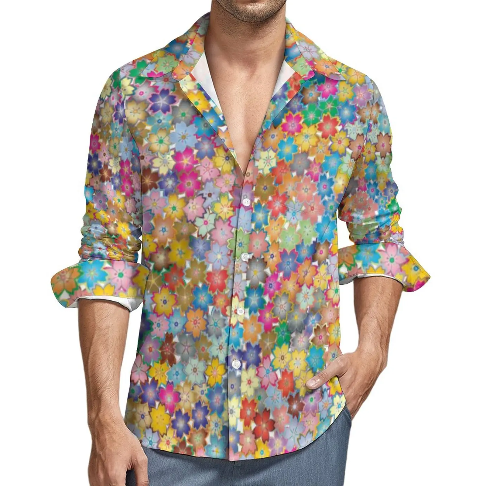 

Bright Flowers Shirt Mens Cute Floral Print Casual Shirts Autumn Harajuku Design Blouses Long Sleeve Fashion Oversize Tops Gift