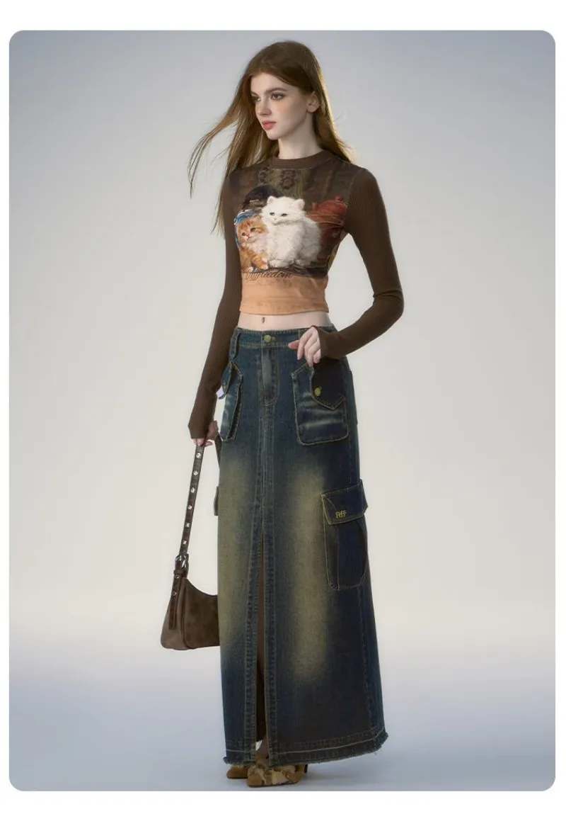 Y2k Cat Print с длинным рукавом Kawaii Slim Fit Hotsweet укороченные топы футболки круглым