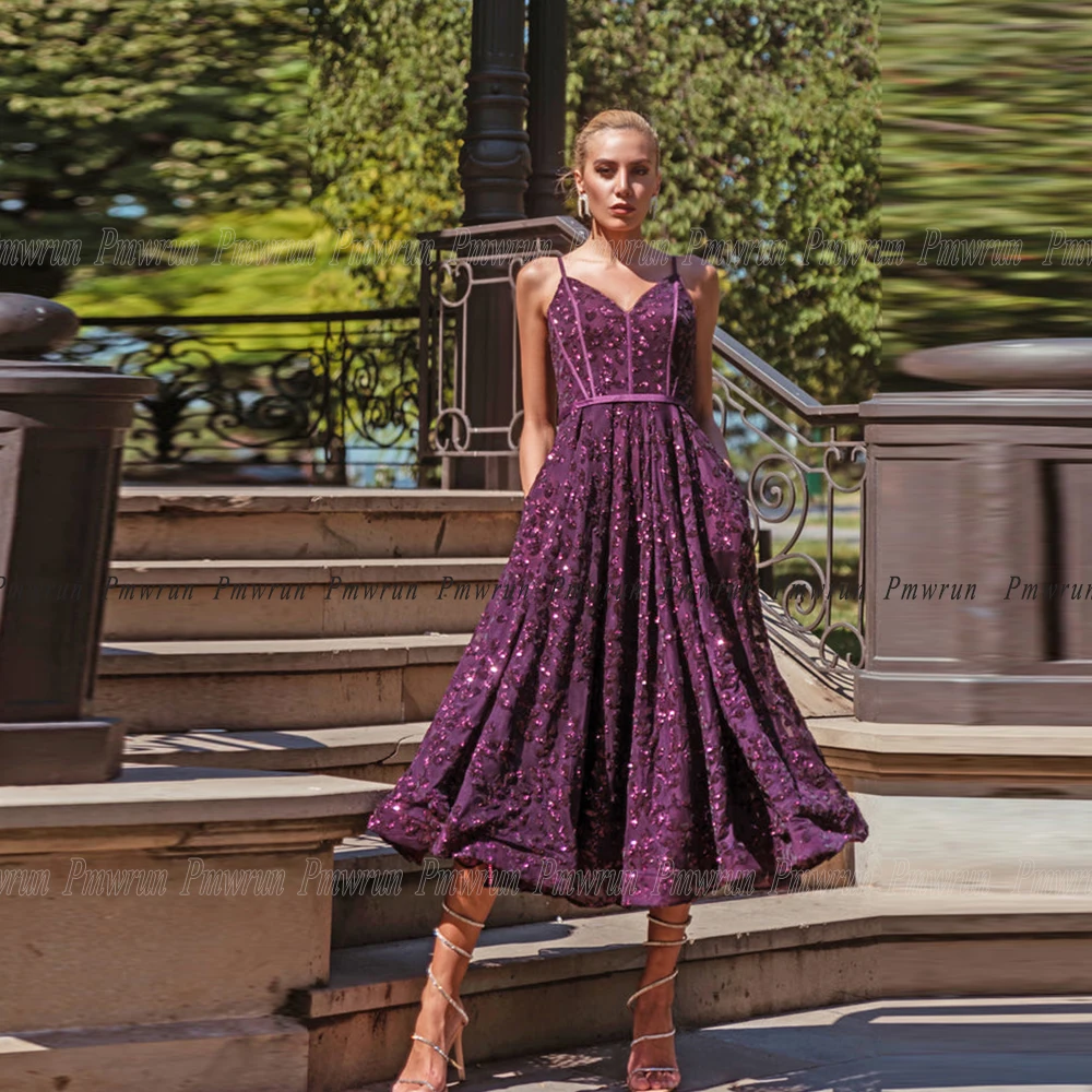 

Pmwrun Elegant Dresses for Women Gala Evening A Line Tea Length Spaghetti Straps Sparkle Sequin Luxury Formal Party Gown Custom