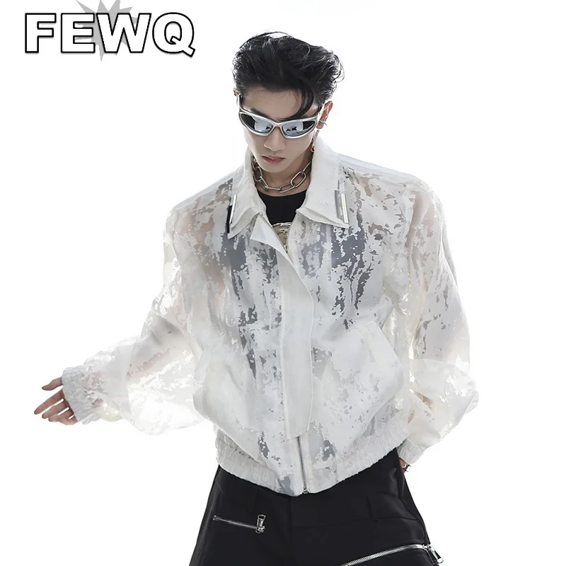 

FEWQ High Street New Fashion Men's Jacket Shoulder Pad Niche Texture Pattern Double Neckline Jackets Loose Male Top Trend 9A8646