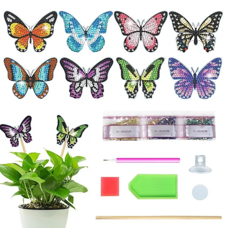 

5D Butterfly Art Kit 8pcs Butterfly Painting Stakes Multi-Purpose Crafts Decoration For Birthday Parties Weddings Home Garden
