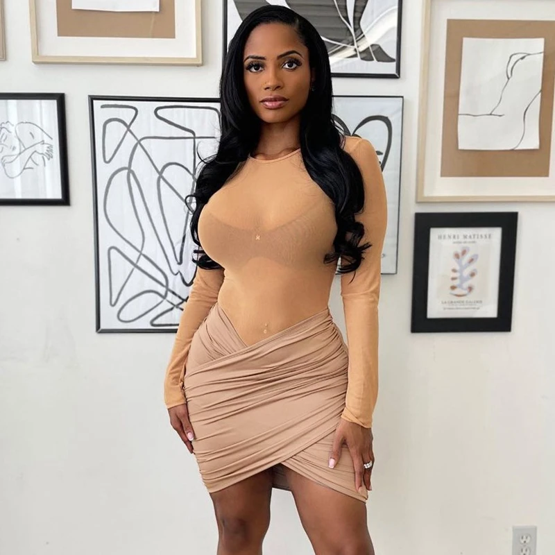 

Sexy Mesh Sheer Patchwork Bodycon Dress Long Sleeve Birthday Party Outfits Women Elegant Club Wear Evening Mini Dresses