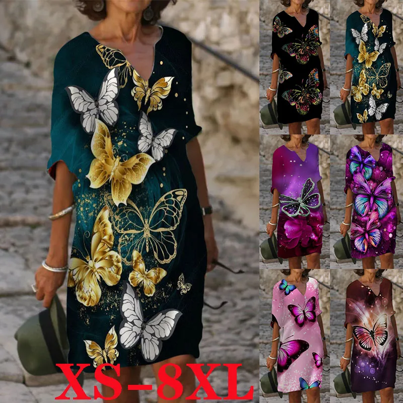 

Casual Loose Dress New Women's Sexy Dress Printed Dress Cotton Short Sleeve Dress Fashion Plus Size Xs-8xl Party Dress