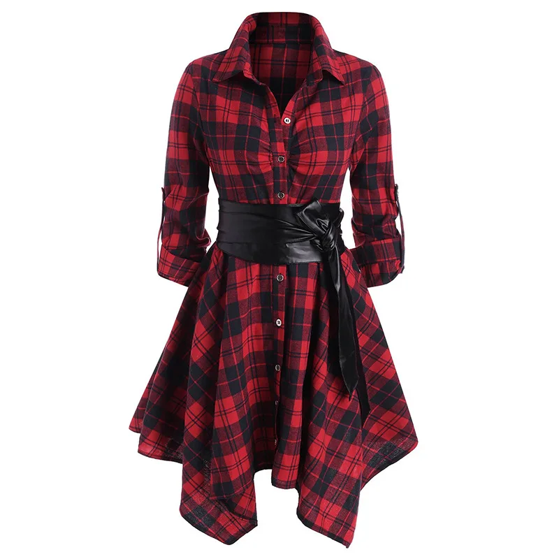 

Gothic Casual Dress Women Red Plaid Belted Roll Tab Sleeve Handkerchief Dress Vestidos Autumn Long Sleeve A-Line Party Dress