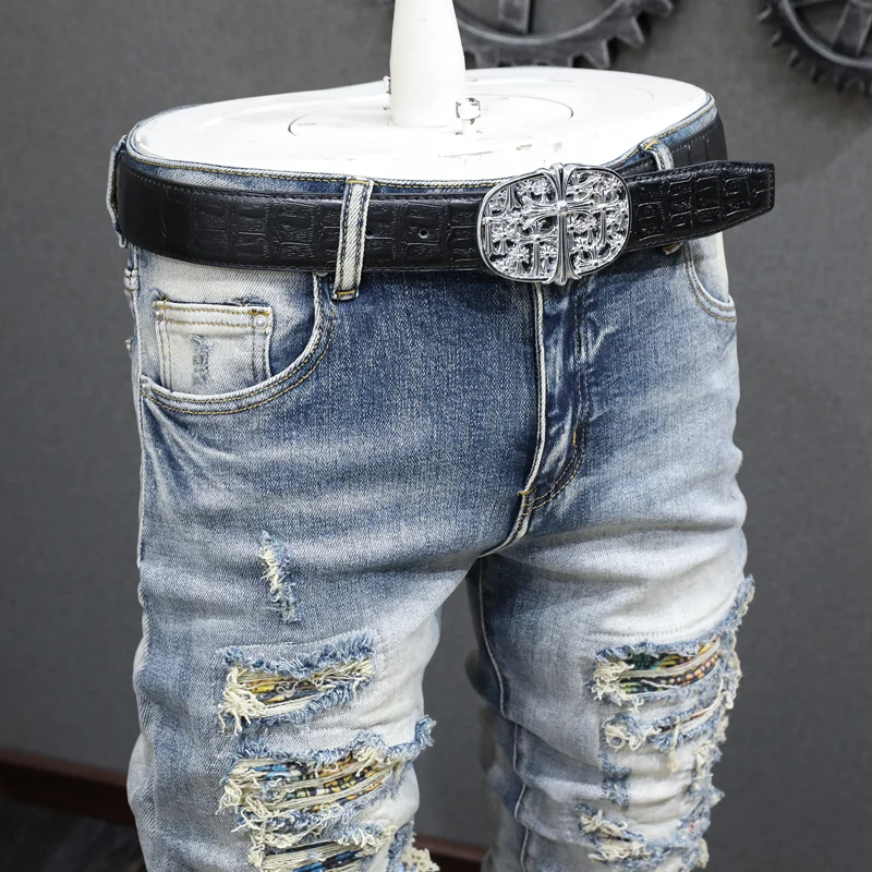 Street Fashion Men Jeans Retro Blue Patched Designer Elastic Stretch Broken Skinny Ripped Jeans Men Hip Hop Brand Pants Hombre
