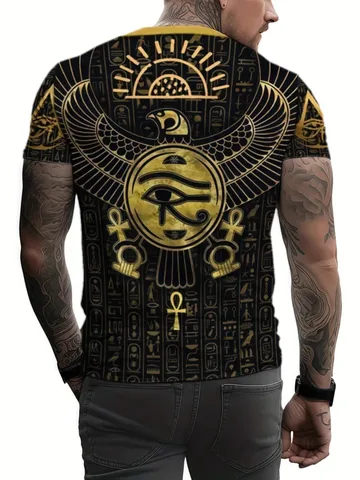 Мужская летняя уличная футболка с 3D цифровым принтом — футболка с египетской иероглифой и крылатым солнцем, черная и золотая графическая футболка