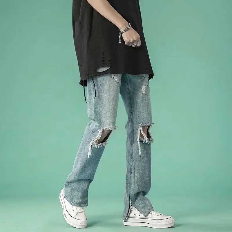 Men's Ripped Jeans Streetwear Vintage Hip Hop Jeans Men's Button Mid-Waist Split Jeans Men's Loose Denim Straight-Leg Pants