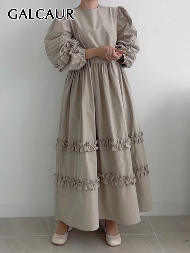 

GALCAUR Casual Solid Patchwork Dresses Female Round Neck Long Sleeve High Waist Fashion Dress For Women Autumn 2022 Style New